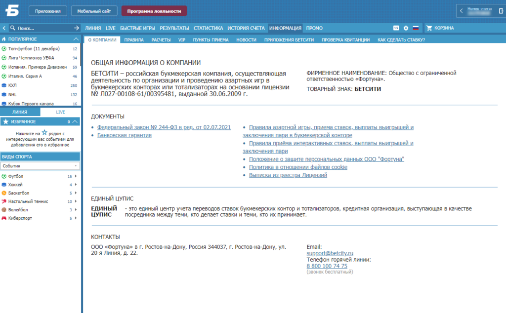 Общая информация о компании Бетсити Общая информация о компании Бетсити