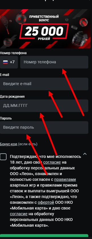 Регистрационная форма на сайте БК Леон Регистрационная форма на сайте БК Леон