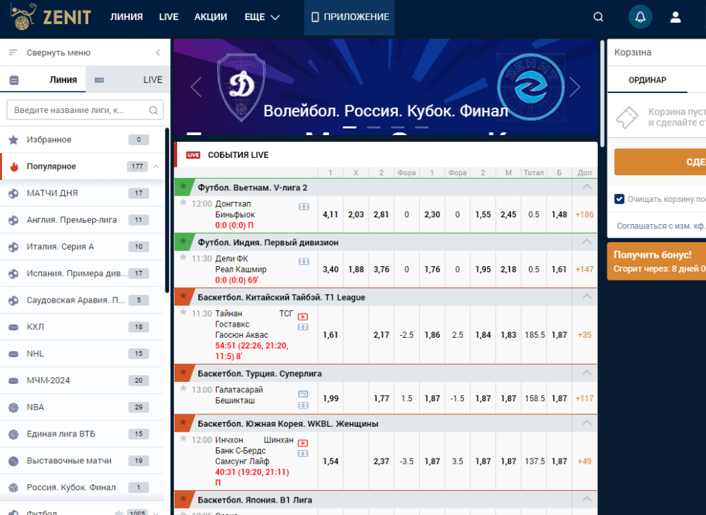 Линия букмекерской конторы Зенит Линия букмекерской конторы Зенит