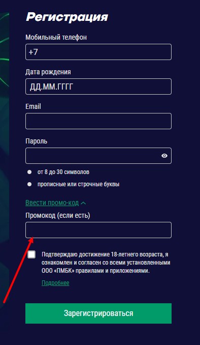 Пример формы ввода промокода на фрибета в БК Лига Ставок Пример формы ввода промокода на фрибета в БК Лига Ставок