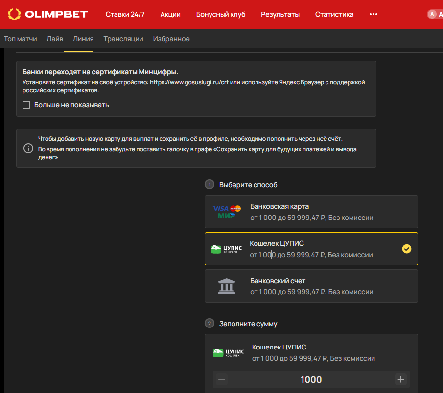 Вывод выигрыша в букмекерской конторе Olimpbet через ЦУПИС Вывод выигрыша в букмекерской конторе Olimpbet через ЦУПИС